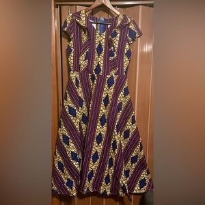 Handmade African prints short sleeve A-line dress burgundy & yellow multi size M
